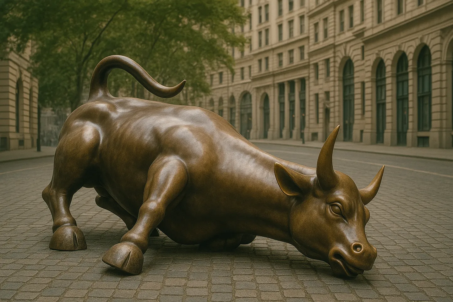 Illustratsioon New Yorgi Charging Bullist, mis sümboliseerib kukkunud börsi.