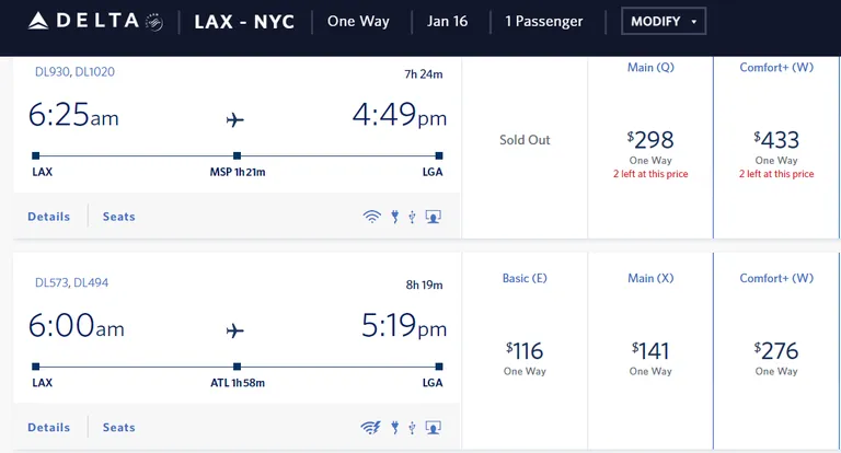 16. jaanuaril 2022 maksaks Basic Economy pilet Los Angelesest New Yorki 116 dollarit, kuid paljudel lendudel oli just kõige odavam kategooria juba välja müüdud.