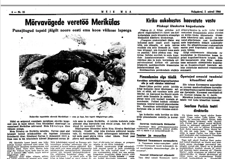 Ajalehe Meie maa artikkel 2.03. 1944 kirjeldab Meriküla dessandi korda saadetud sõjakuritegu - dessant tappis kõik ettejuhtunud tsivilistid. FOTO: