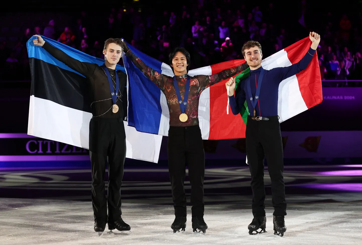 Чемпионат Европы 2024 года: Александр Селевко (слева) и главные конкуренты: Адам Сяо Хим Фа (золото), Маттео Риццо (бронза).