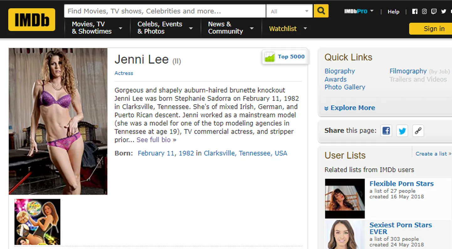 Jenni Lee, ehk Stephanie Sadorra, IMDb lehekülg.