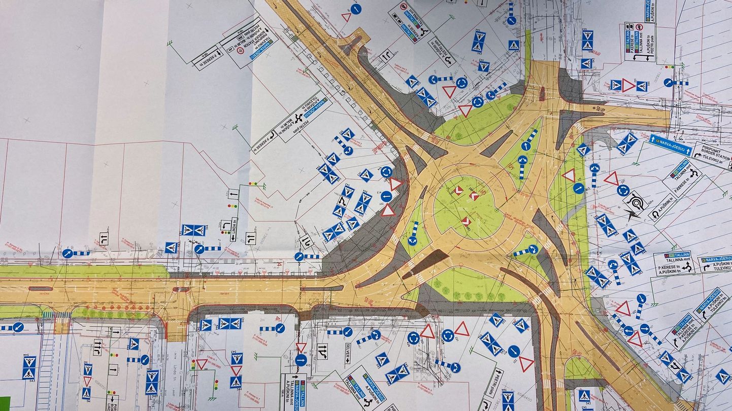 Фрагмент предварительного проекта реконструкции транзитных дорог через Нарву. Показана радикально измененная схема центрального кругового перекрестка и начинающейся от него улицы Пауля Кереса.