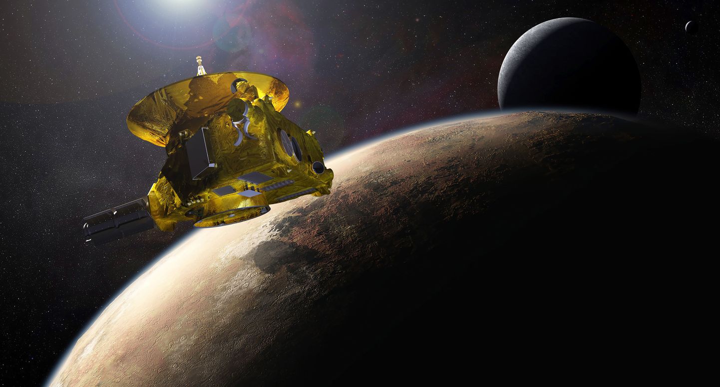 NASA arvutijoonistus sondist New Horizon, Plutost ja kuust Charon