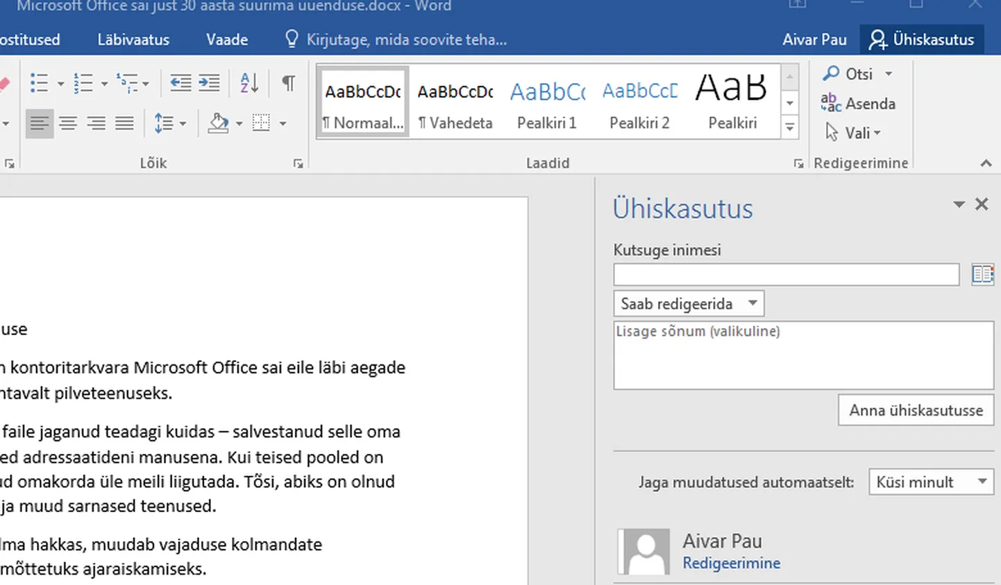 Selline vaade avanes Wordis seda uudist kirjutades