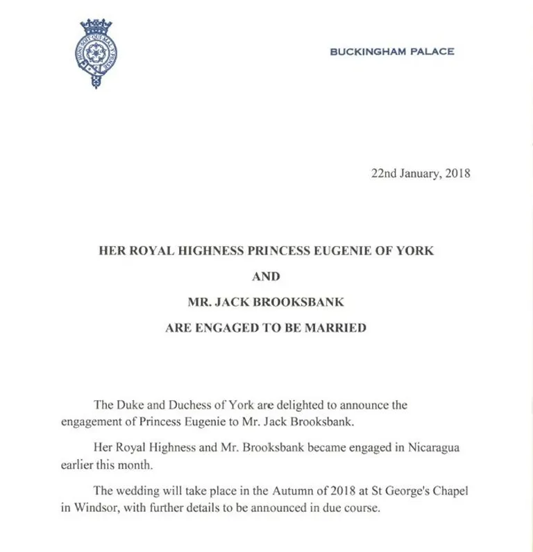 Printsess Eugenie ja Jack Brooksbanki kihlusteade