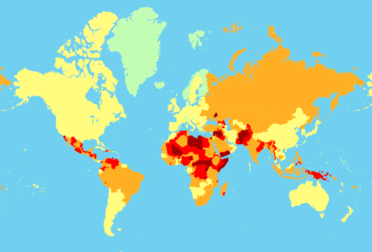 Maailma ohutuimad riigid on märgitud rohelise ja kollasega. Kõige ohtlikumad aga punasega.