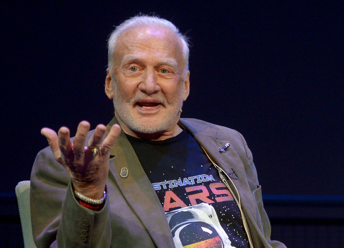 Edwin Buzz Aldrin on stage at the Science Museum, London.