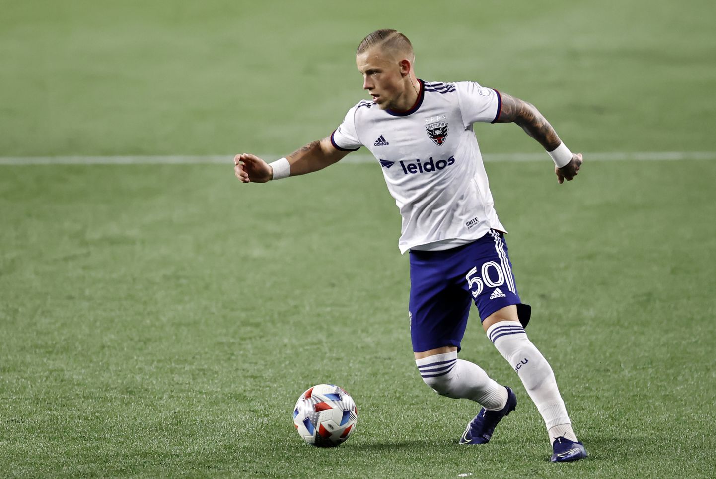 April 24, 2021, Foxborough, MA, USA: FOXBOROUGH, MA - APRIL 24: DC United forward Erik Sorga (50) cuts inside during a match between the New England Revolution and DC United on April 24, 2021, at Gillette Stadium in Foxborough, Massachusetts. (Photo by Fred Kfoury III/Icon Sportswire) (Credit Image: © Fred Kfoury Iii/Icon SMI via ZUMA Press)