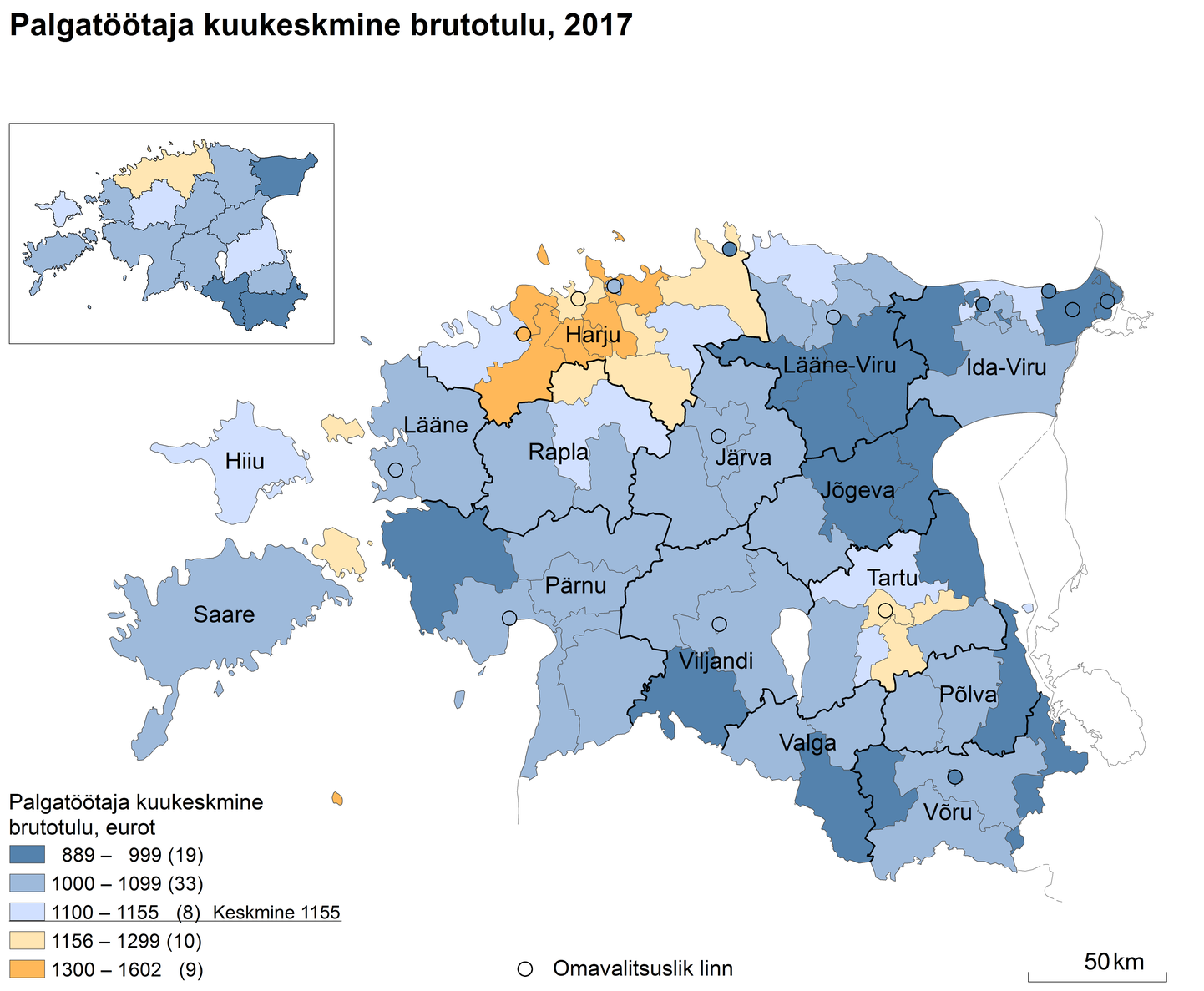 Palgatöötaja kuu keskmine brutotulu Eestis 2017. aastal