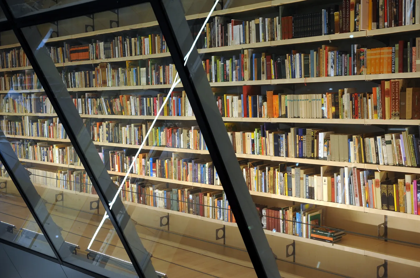 Grāmatu plaukti Latvijas Nacionālās bibliotēkas "Gaismas pilī". Ilustratīvs foto