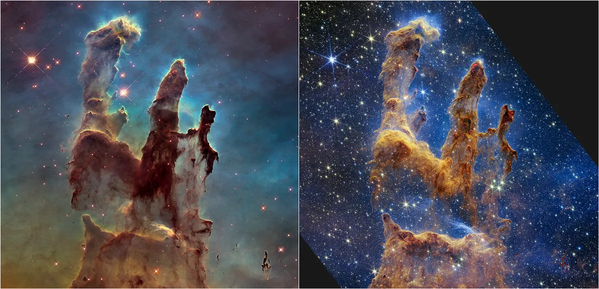 Maast umbes 6500-7000 valgusaasta kaugusel Mao tähtkujus asuvad nn Loomise Sambad pildistatuna Hubble’i teleskoobiga (vasakul) ja James Webbi teleskoobiga (paremal). Tundlikuma silmaga Webb on suutnud selles tähetekkepiirkonnas paremini läbi tolmu näha, paljastades paksudes tolmusammastes palju rohkem sünnijärgus punaseid tähti.