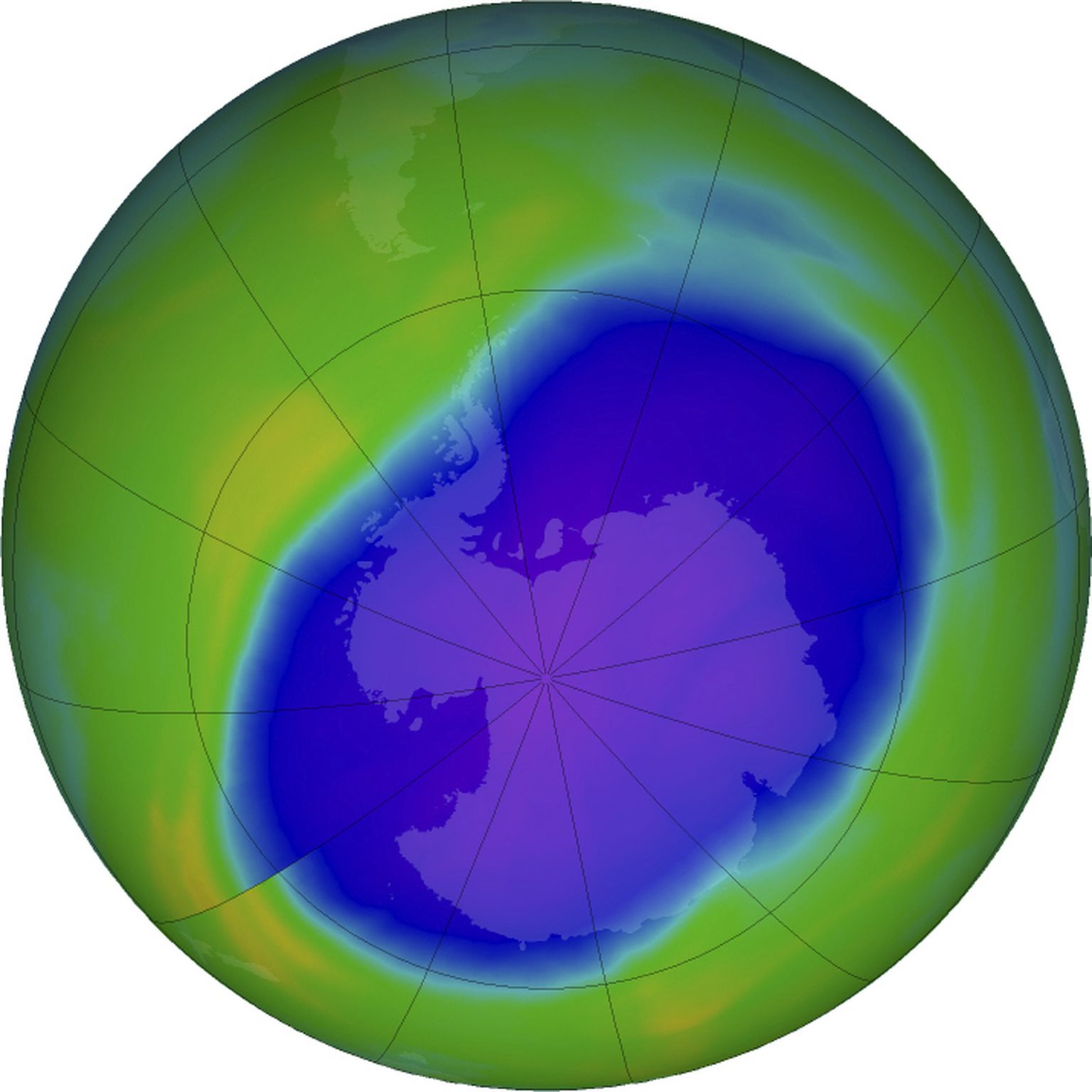 Pildil on sinise ja lillaga näha auku osoonikihis Antarktika kohal. Tänu Montreali protokollile on see aastatega kokku tõmbunud ning ekspertide hinnangul peaks taastuma umbes 40 aastaga.