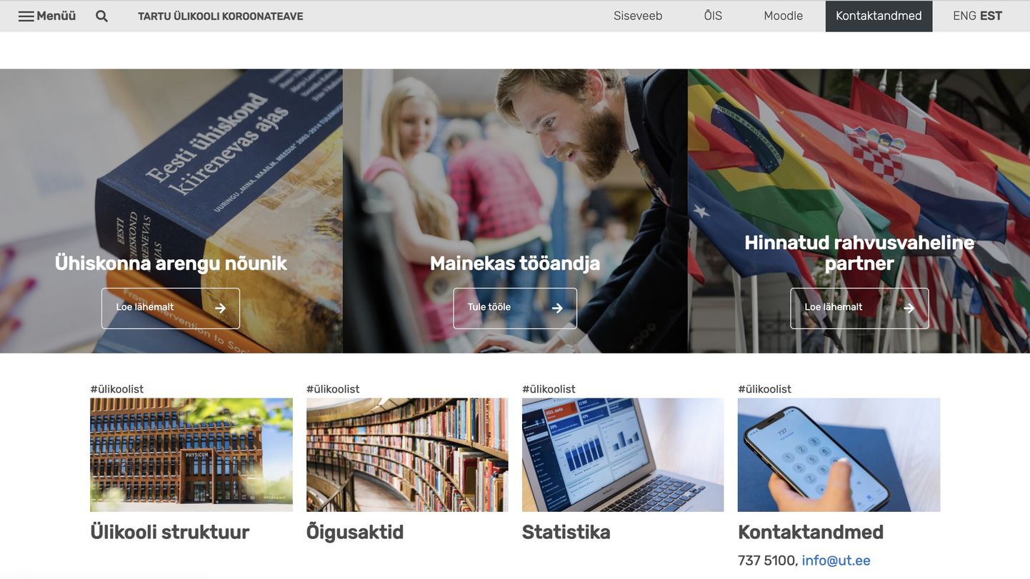 Kuvatõmmis uuest Tartu ülikooli veebilehe väljanägemisest.