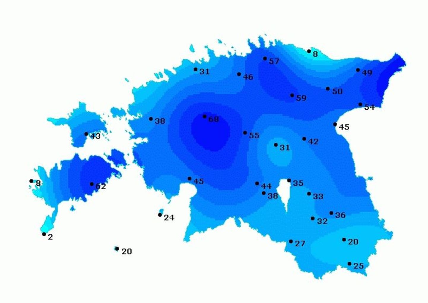 Eesti meteoroloogia ja hüdroloogia instituudi lumekaart 13. detsembri hommikul, mis näitab lumekihi paksust sentimeetrites.