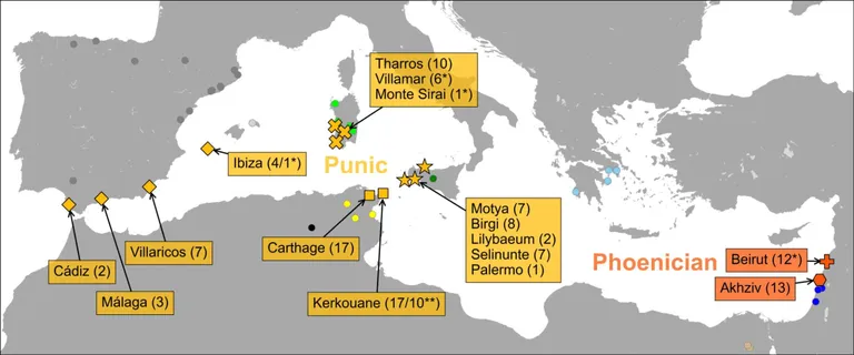 Iidse DNA (aDNA) uuringusse kaasatud asukohtade kaart. Numbrid näitavad nendes kohtades analüüsitud inimese genoomide arvu.