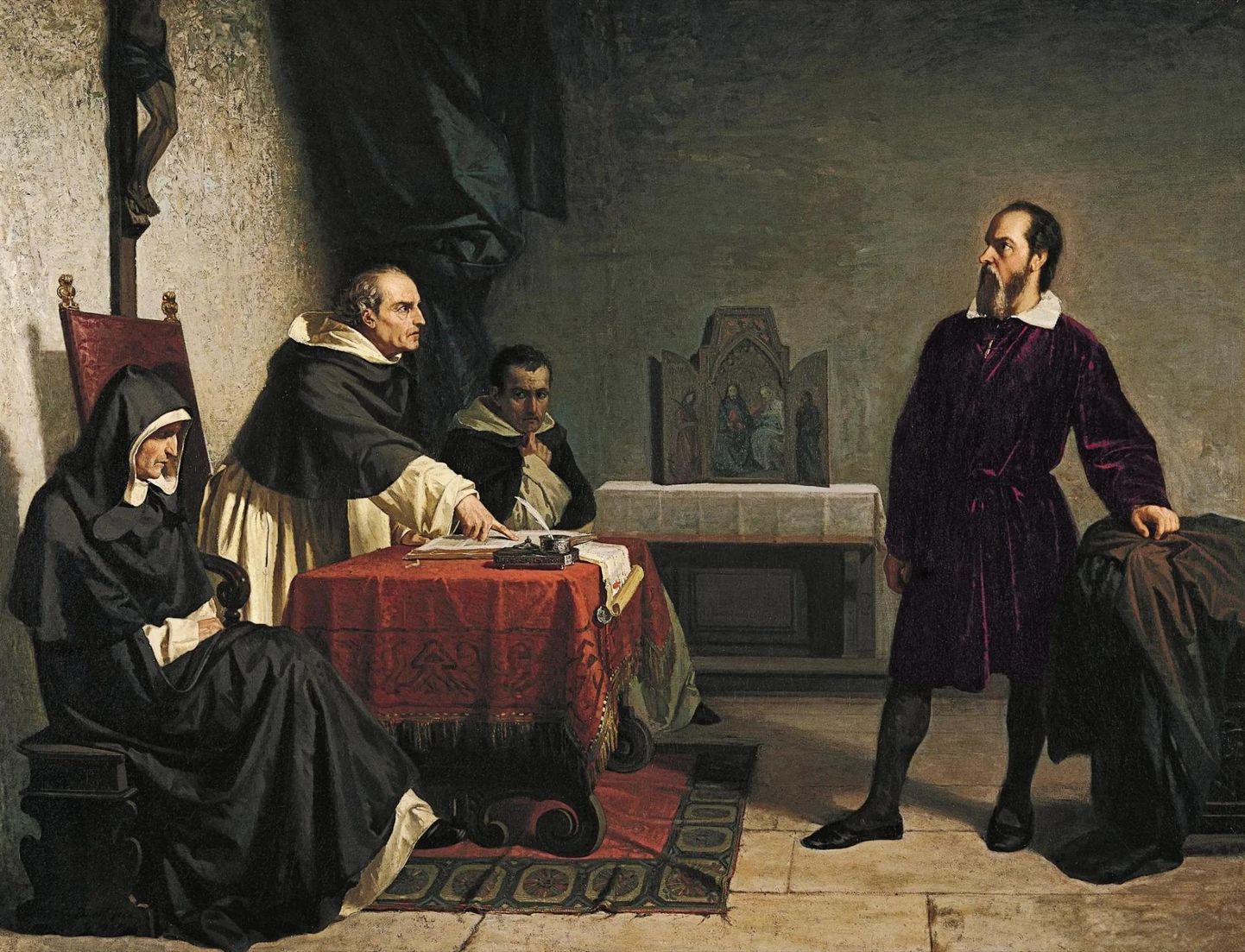 Kunstniku nägemus Galileo Galileist inkvisitsioonikohtu ees.
Cristiano Banti (1824–1904) õlimaal.