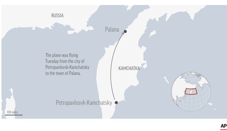 Kaart, millel on näha Venemaa Kamtšatka poolsaart. Antonov An-26 lendas Petropavlovsk-Kamtšatskist Palanasse