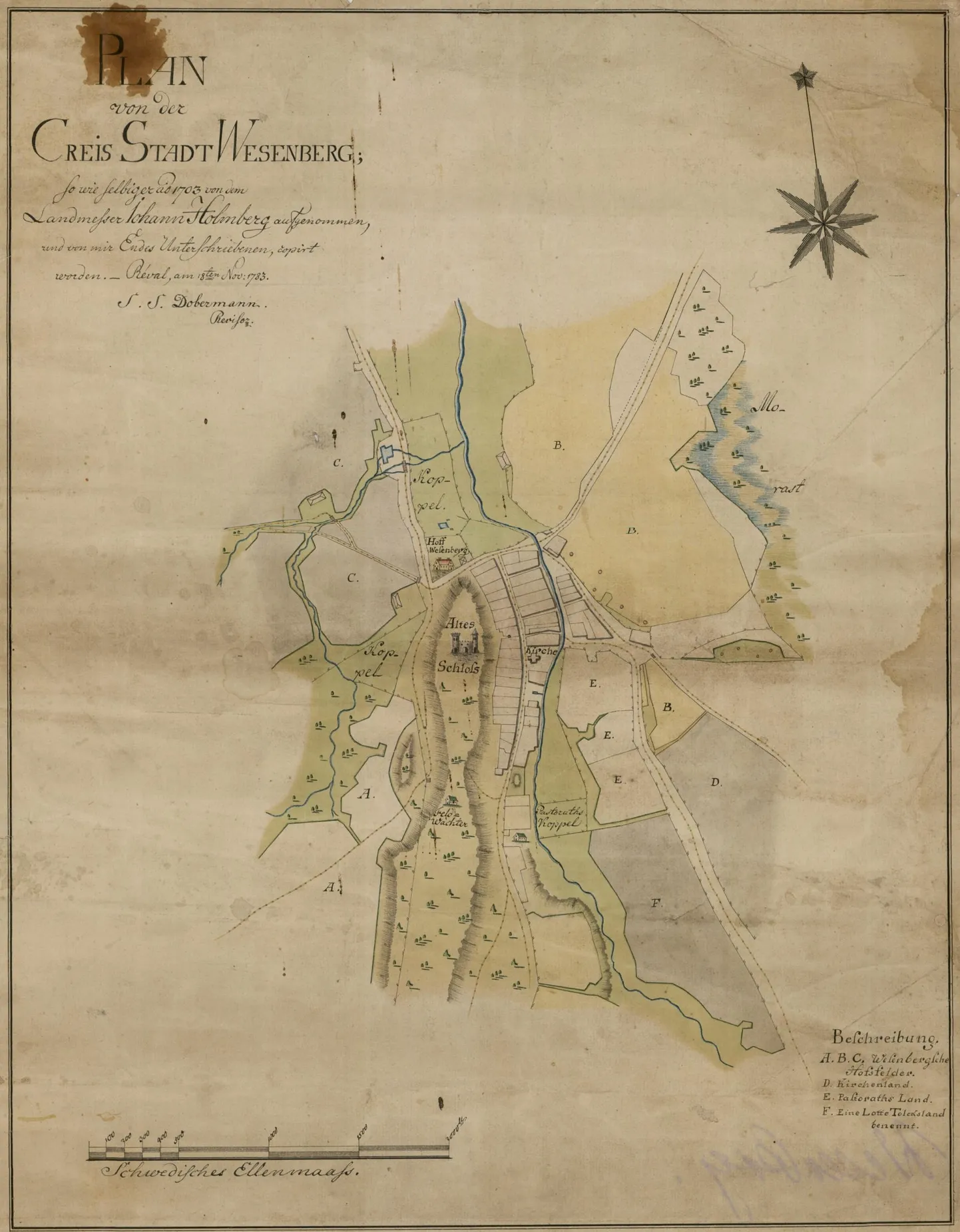 Eestimaa kubermangu maamõõtja Salomon Severin Dobbermanni koopia maamõõtja Johann Holmbergi 1703. aastal tehtud kaardist. Linna piirasid Soolikaoja ja sinna suubuv Maidla oja ning Vallimägi. Keskaegse kloostri asemele oli rajatud Rakvere mõis.