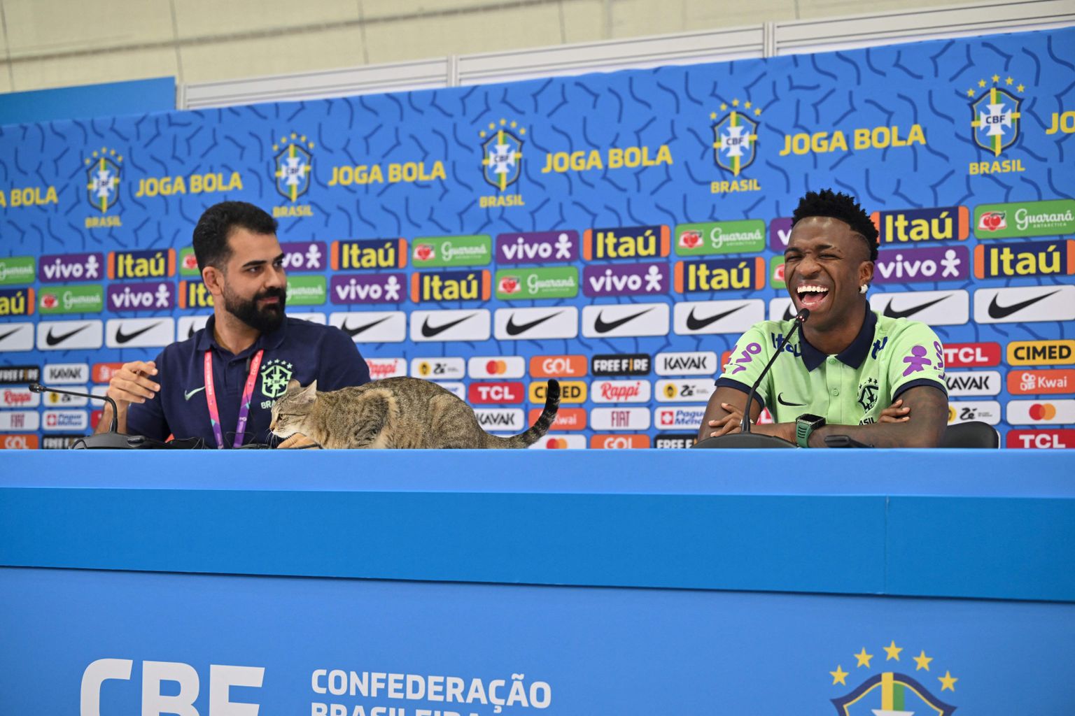 Vinicius Juniori pressikonverentsi ajal ronis kass lauale.