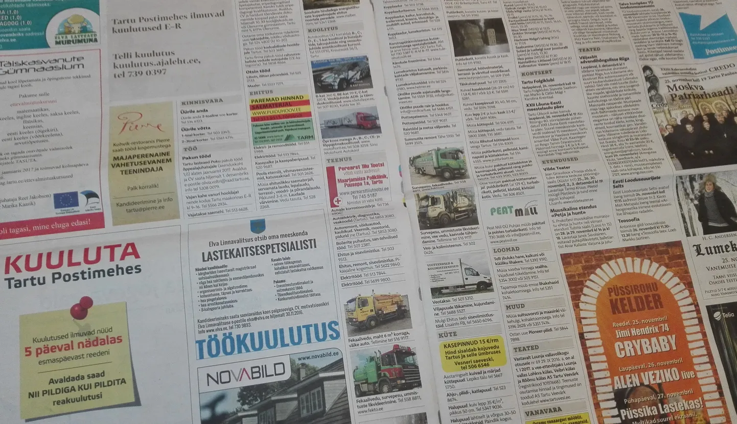 Tartu Postimehe kuulutuste küljed.