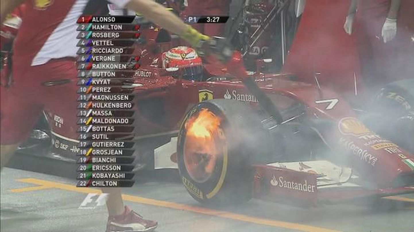 Kimi Räikköneni auto pidurid süttisid põlema.