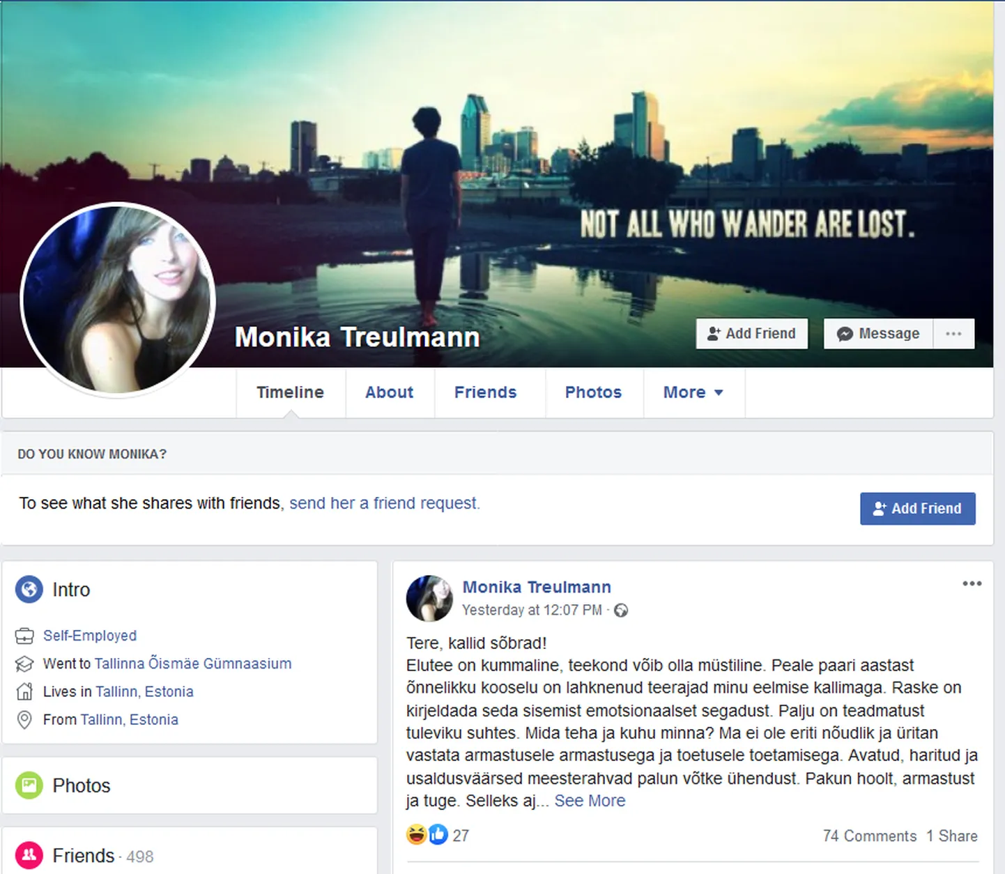 Armastuse otsingul oleva Monika Facebooki postitus.