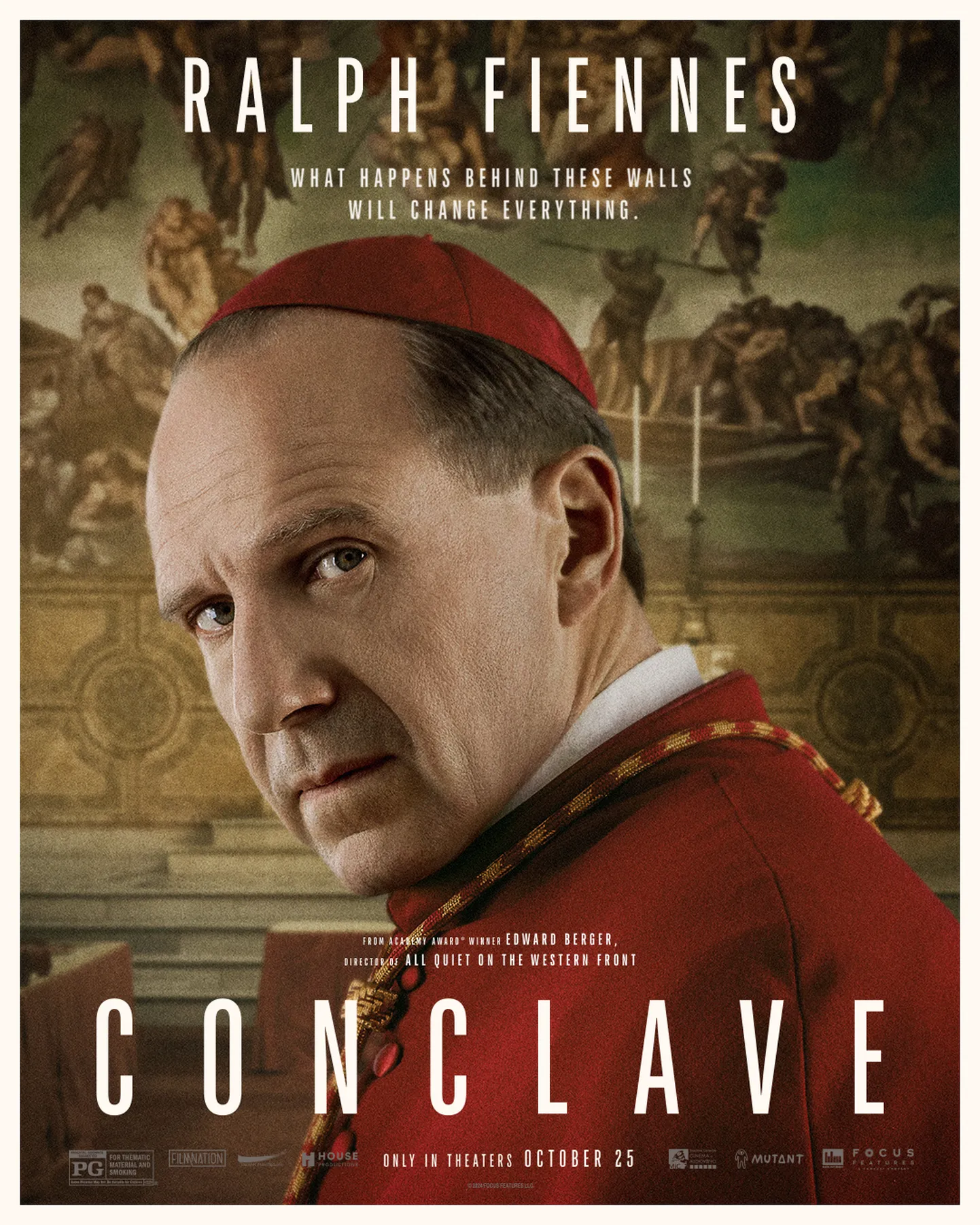 Filmi «Konklaav» reklaamplakat, millel on Ralph Fiennes peategelase, Briti kardinali Thomas Lawrence'i rollis.