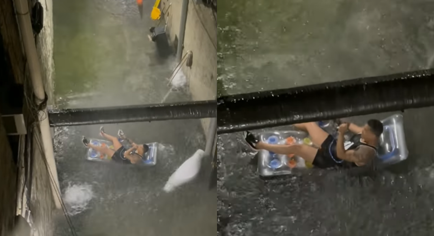 Newyorklane pikutas ujumismatil ja kimus vesipiipu. Kuvatõmmis videost.