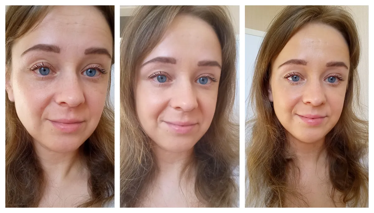 Vasakul on paljas nahk. Keskel Pupa BB Cream + Anti Age kreem+meigialuskreem, mis mulle meeldis väga! Nagu oma nahk, ainult parem. Samuti ei tekkinud mul kuiva kohta ninaümbrusse ega kulmude vahele, kuhu mul alati tekib muidu. Paremal kasutasin Layla Cosmeticsi Hydro Tense jumestuskreemi. Mulle meeldis kumav ja kerge lõpptulemus (tegemist polegi kuigi katva tootega, nagu mulle sobibki), väga ilus. Kulmude vahele tekkis ikkagi kuiv koht, aga see ongi mul tavaline.