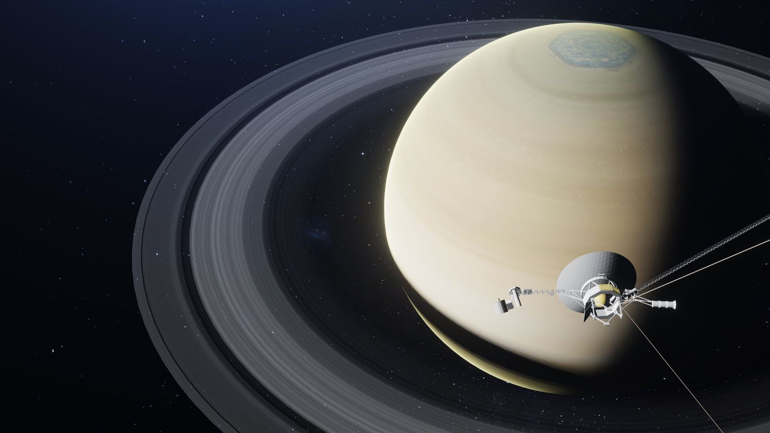 3D ilustrācija: zonde "Voyager" tuvojas Saturnam.