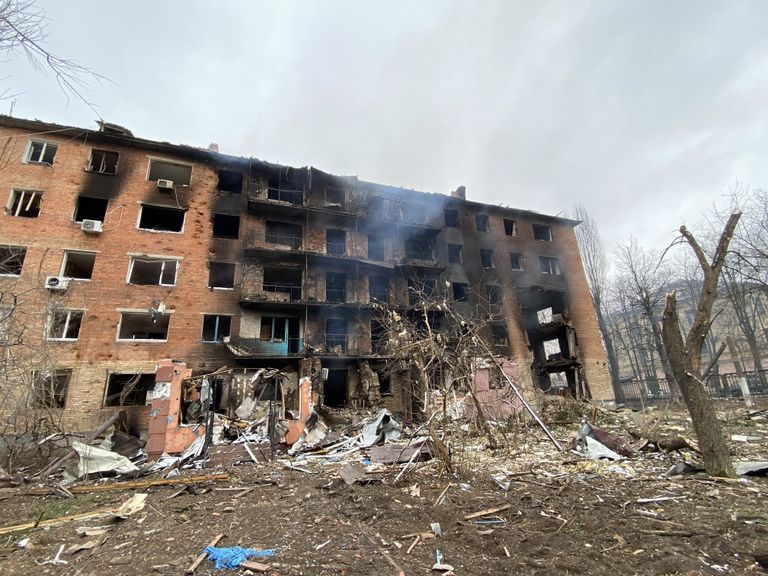 Sõjas purustatud elumaja Kiievi lähedal Ukrainas.