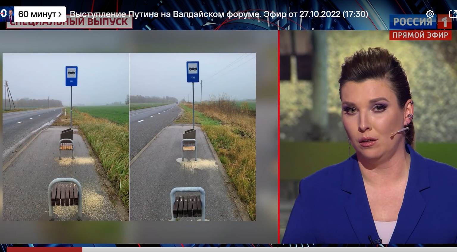 Скриншот из сюжета передачи "60 минут" о распиленных скамейках в Латвии