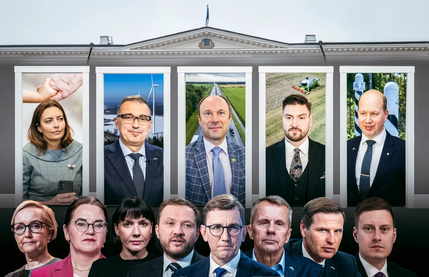 Uute ministritena alustavad valitususes tööd (pildil ülemises reas vasakult paremale) sotsiaalminister Karmen Joller, energeetika- ja keskkonnaminister Andres Sutt, taristuminister Kuldar Leis, regionaal- ja põllumajandusminister Hendrik Terras ning siseminister Igor Taro.