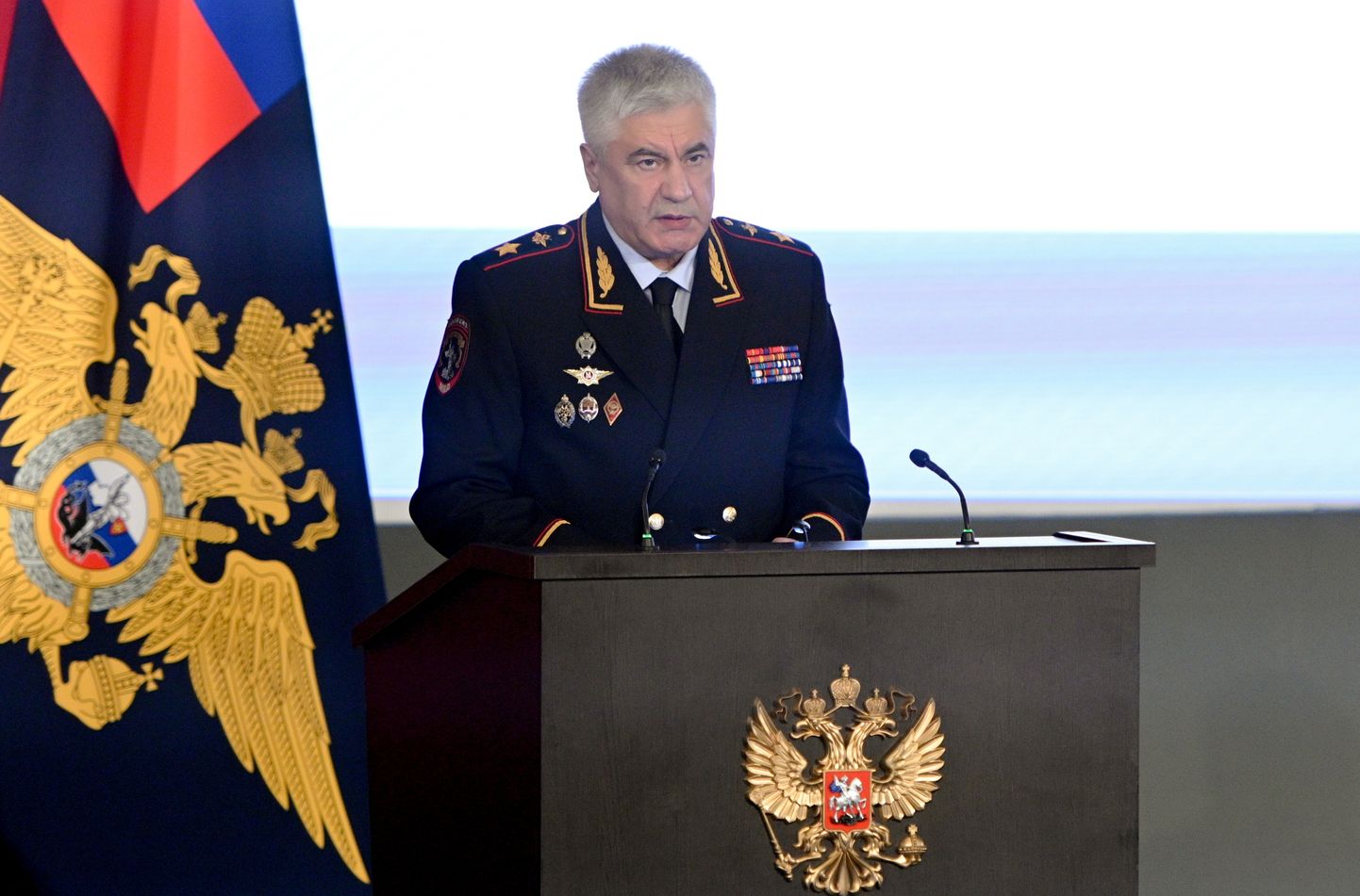 Vene siseminister Vladimir Kolokoltsev märtsis kõnet pidamas.