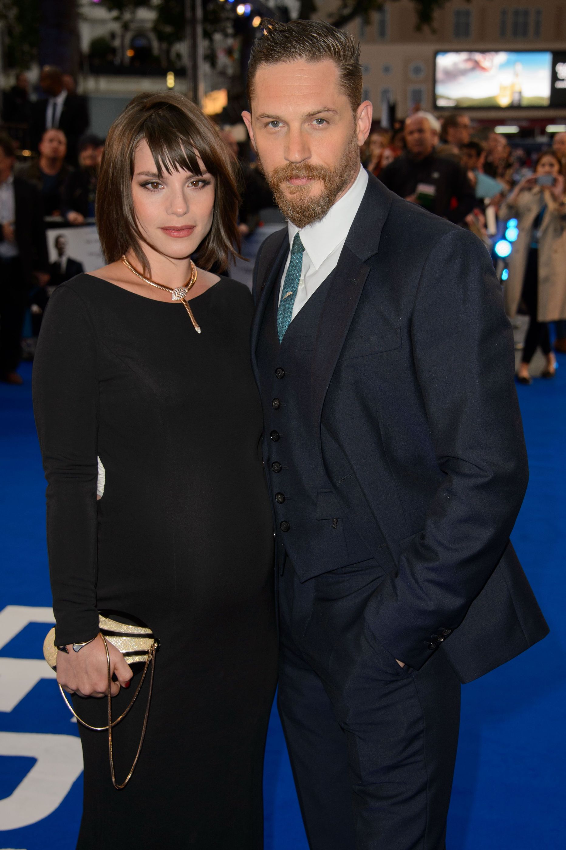 From left, British actress Charlotte Riley and British actor Tom Hardy pose for photographers at the World Premiere of the film Legend at a central London cinema, London, Thursday, Sept. 3, 2015. (Photo by Jonathan Short/Invision/AP)