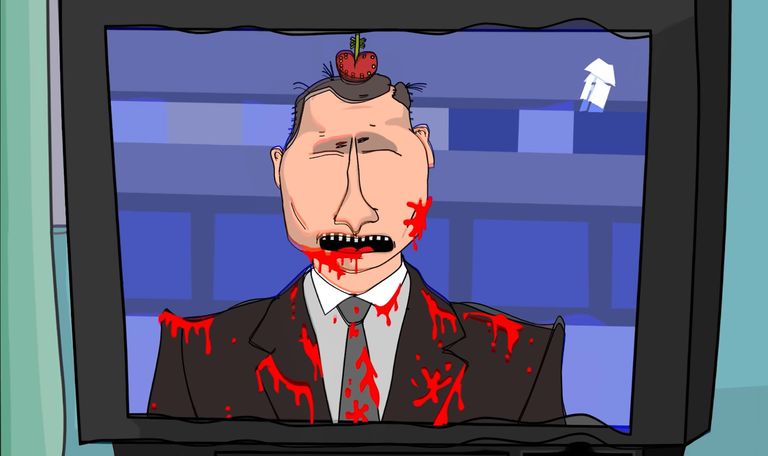 Путин в пятнах крови вещает в телевизоре в новом клипе «Ногу Свело!», ноябрь 2022 года.