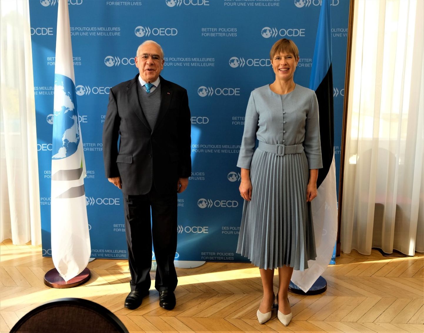 OECD peasekretär Jose Angel Gurria ning Eesti president Kersti Kaljulaid