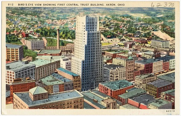 Akronas pilsētas panorāma. Pasta atklātne, 20. gadsimta 30./40. gadu mija.