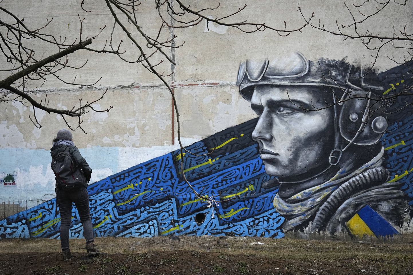 Прохожий смотрит на фреску с изображением украинского солдата в Харькове.