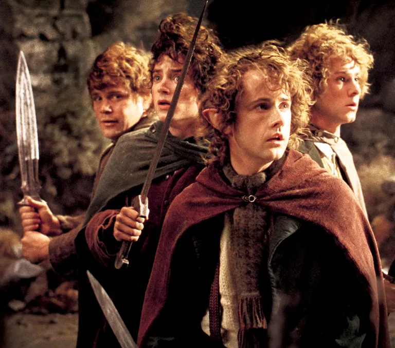 Vasakult: Sean Astin, Elijah Wood, Billy Boyd (Pippin Peregrin Took), Dominic Monaghan. Kaader filmist.