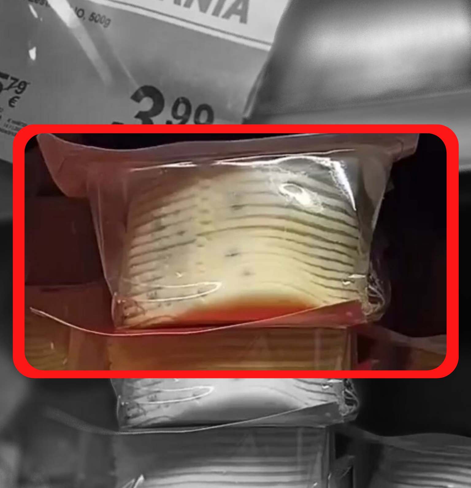 Испорченный сыр на прилавке магазина.