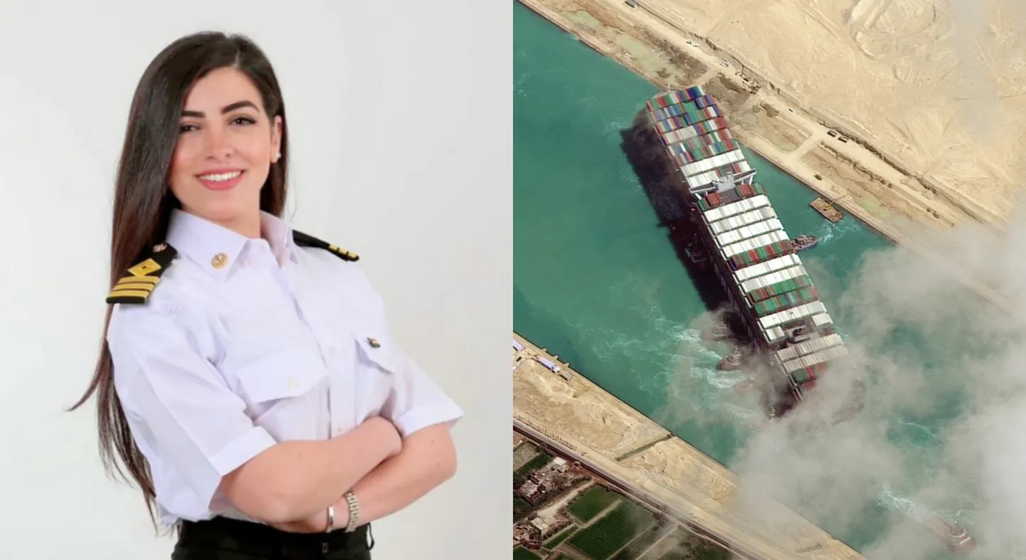 Marwa Elselehdar ja Suessi kanalisse kinni jäänud Ever Given. Elu24 kollaaž.