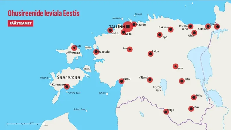Sireenide asukohad Eestis ja ligikaudne ulatus.