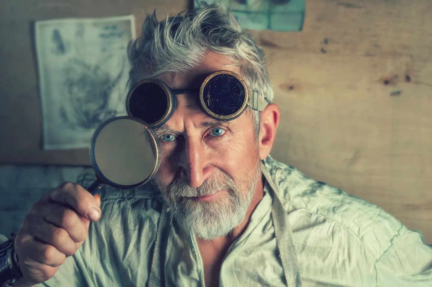 Eldery man in steampunk glasses with magnyfying glass, fantasy, fairy tale