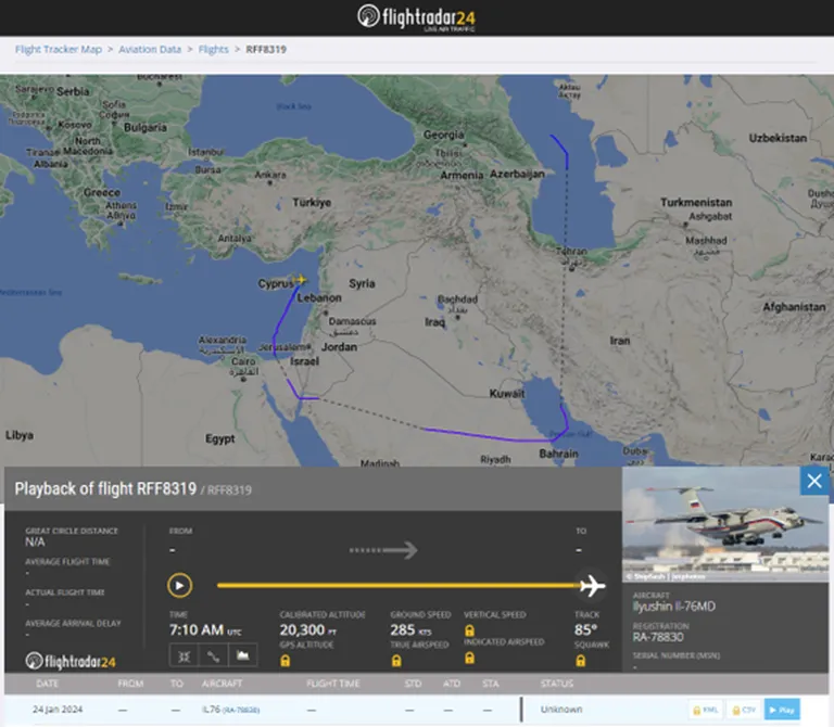 Flightradar24 portaalist pärit Il76MD RA-78830 lennu RFF8319 taasesitus 24. jaanuaril 2024.
