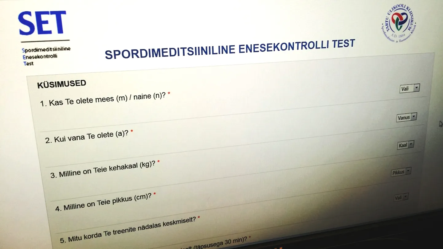 Ekraanipilt spordimeditsiinilise enesekontrolli küsimustiku algusest.