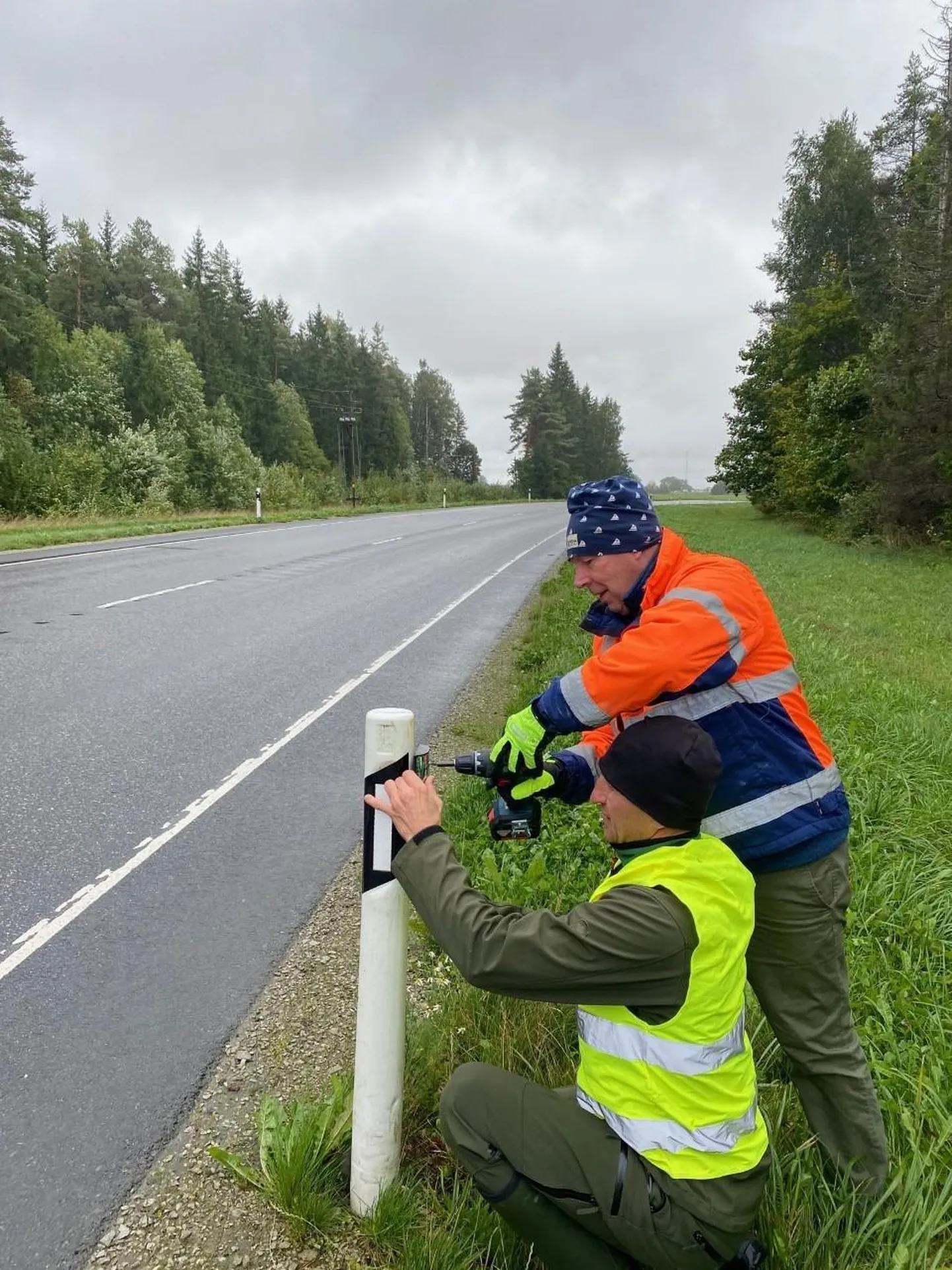 Samal nädalal, mil moodustati MTÜ Eesti Suurkiskjad, paigaldas Jaan Villak (oranži vestiga) koos Raadi Gaveriga Pajusti jahtkonna alale ulukite maanteelt peletamiseks valgusreflektoreid.