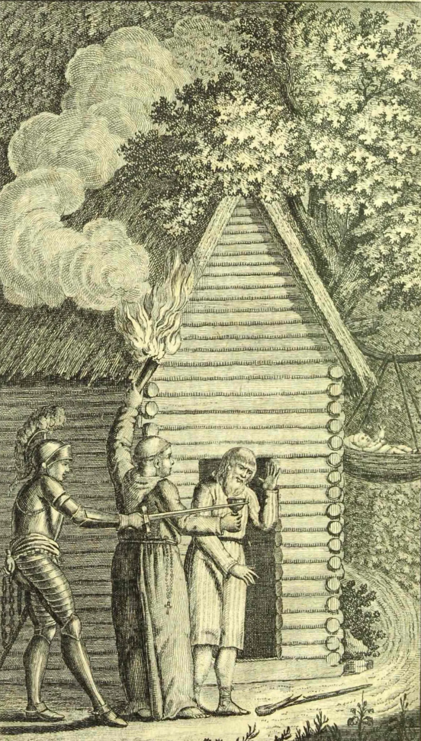 Garlieb Merkeli 1796. aastal ilmunud (tiitellehel 1797) raamatu «Die Letten» (Lätlased) tiitellehe vastas asetsev palgeleht ehk frontispiss, mis kujutab lätlaste langemist 600-aastasesse orjaaega, nagu seda soovis rõhutada Merkel – koos tule, mõõga ja ristiusuga tulid ka ahelad, mis on pildil rüütli selja taga.