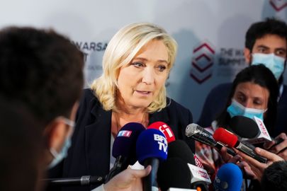 French far-right leader Marine Le Pen speaks to the media following a meeting of Europe's far-right leaders, in Warsaw, Poland December 4, 2021. REUTERS/Aleksandra Szmigiel