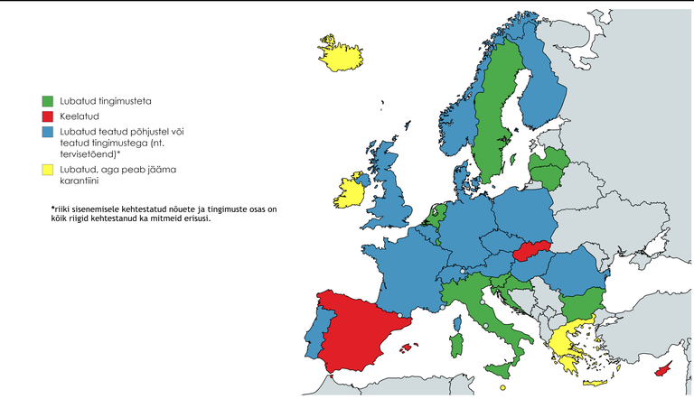 Kaart: millistel tingimustel võib Euroopa Liidus reisida.